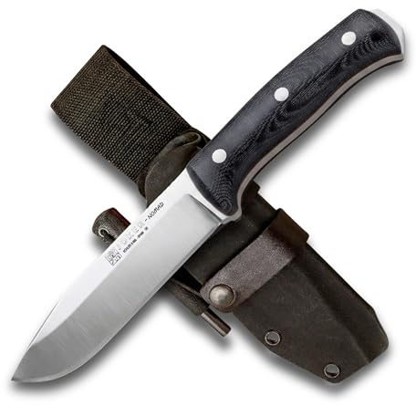 Joker Cuchillo Bushcraft Nomad CM125-F, hoja de 12,7 cm, mango micarta canvas Negra, funda Kydex con pedernal, Herramienta de pesca, caza, camping y senderismo