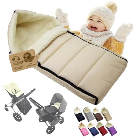Fotsäck [vinteråkpåse för barnvagn] buggy babystol eller släde, babyåkpåse med lammull, gosig, varm, tvättbar, 108 cm (beige)