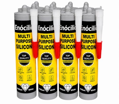 X12 EnociliS Anti-Mould White, Waterproof Mould Protection, Long-lasting White Silicone Sealant for Kitchen & Bathroom, Box of 12
