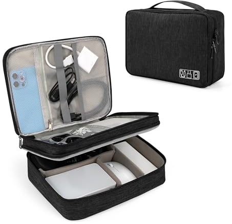Tunejoy Bolsa de Accesorios Electrónicos Organizador de Viaje para Tableta de 2 Capas Portátiles Estuche Cables de Almacenamiento para Cargador Banco de Energía 27x20x8 cm Negro