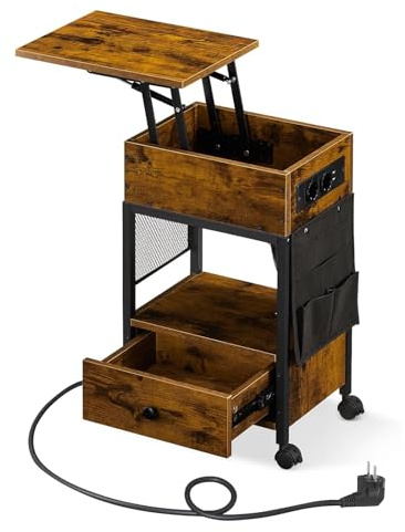 CLIPOP Nachttisch höhenverstellbar, mit Ladestation 2 USB + 2 AC 40*30*63cm | Holz Sofatisch, für Wohnzimmer, Schlafzimmer, kleine Räume, vintagebraun, kompaktes Design, stabil