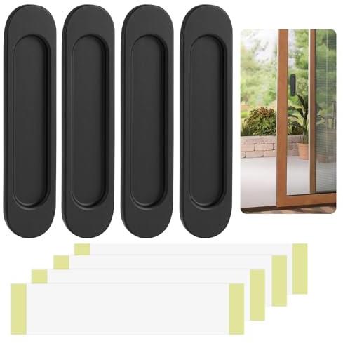 Dewdropdale 4 Stück Selbstklebende Ovale Schiebetürgriffe, Aluminiumlegierung Stanzfreier Griff, Mattschwarz Versteckter Griff für Schiebetüren, Fenster, Schränke (148mm)