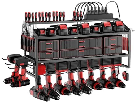 Power Tool Organiser with Charging Station, 3-Layer Storage Rack and Tool Holder for Garage Organisation, Wall Mount with 8 Drills, 4 Hooks and