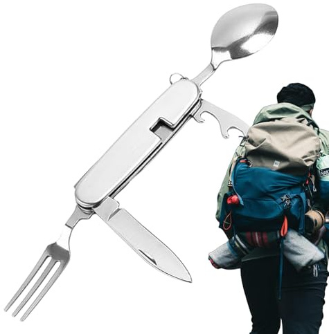 Couverts de camping multifonctions 4 en 1 | Ustensiles de voyage compacts avec fourchette, cuillère, couteau et décapsuleur pour le camping, le trekking et les urgences