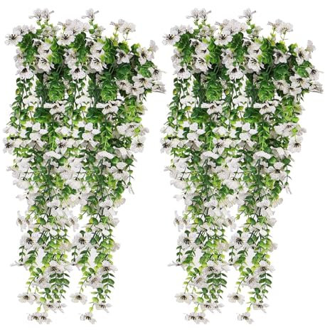 Techchii Artificial Hanging Flowers, 2 PCS UV-Resistant Fake Hanging Plant White Artificial Flowers Hang Vine Plants Drooping Plant for Wall Home Garden Wedding Indoor Outdoor Decoration