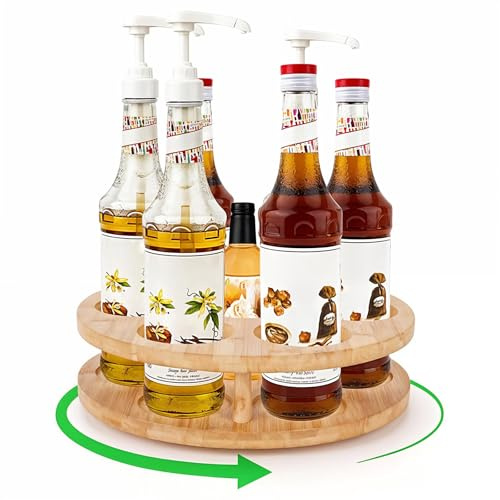 Wooden Rotating Coffee Syrup Organizer Rack, Syrup Bottle Stand Holder for Coffee Syrup Station, 7 Bottles Storage Display Turntable Tray&Lazy Susan for Syrup, Liquor Wine in Kitchen Countertop