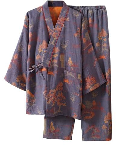 RUMAOZIA Kimono Men's Japanese Cotton Pyjamas with Jacquard Plus Size Short Sleeve Top and Trousers Loose Comfortable Summer Sleepwear Pyjamas Set Soft Cuddly Leisure Suit, gray, L