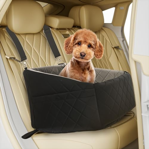 Hunde Autositz für kleine Hunde und Katzen,Waschbarer Hundesitz Auto für Haustiere mit Aufbewahrungstaschen,Hundebett Hundeautositz für Rück-und Vordersitz mit Sicherheitsgurt-Schwarz und Grau