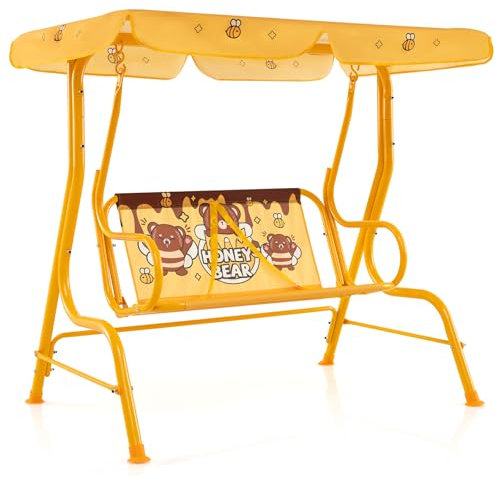COSTWAY Altalena da Esterno per Bambini, Panchina a Dondolo a 2 Posti con Struttura in Metallo, Tetto Regolabile e Cinture di Sicurezza, per Bambini 3+Anni, Portata 80 kg (Giallo)