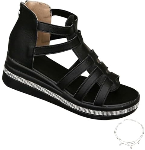 Sandali con zeppa con strass, sandali da pescatore con cinturino nero con supporto per arco per donne, vestibilità larga, in pelle gladiatore estivo, a nero, 37.5 EU