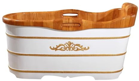 PA-DABAOO Badewanne Im Europäischen Stil, Freistehende Badewanne Aus Holz, Badewanne Aus Natürlichem Eichenholz Für Erwachsene Mit Kopfstütze Und Ablassventil,0.8m/2.6ft