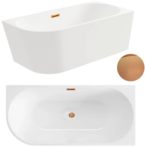 Aquauno, vasca angolare autoportante a destra, 160 x 80 cm, ovale, in acrilico di alta qualità, con scarico click, troppopieno, copertura e scarico in rame, design moderno