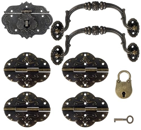 1 Set Vintage Locking Handle Hinge Kit, Antique Bronze Decorative Hardware with Screws, Includes Carrying Handle, Hasp & Lock for DIY Jewelry Box, Wooden Case, Treasure Chest (Zinc Alloy)