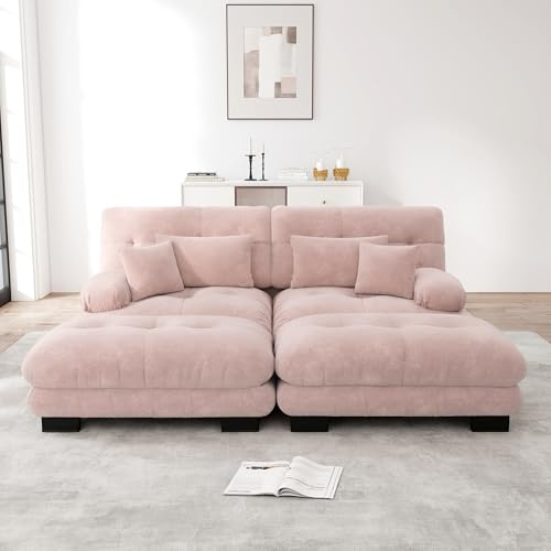 Rvjiahe Cloud Divano angolare per soggiorno, divano doppio in ciniglia con 2 cuscini lombari e 2 cuscini decorativi, divano imbottito con braccioli larghi e 2 ottomani (rosa+2 posti)