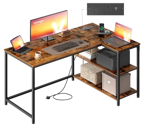 VASAGLE L Shaped Corner Desk, Computer Gaming Desk with Storage, Reversible Height-Adjustable Shelves, for Home Office, with Power Outlets 2 USB Ports, 120 x 80 cm, Rustic Brown LWD132KD02
