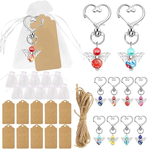 JEYORZY 10x Schutzengel Anhänger, Kleine Gastgeschenke mit 10x Organzasäckchen, 10x Kraftpapier Glücksbringer Geschenk für Hochzeit, Taufe, Dankeschön, Kommunion, Konfirmation, Geburtstag, Weihnachten