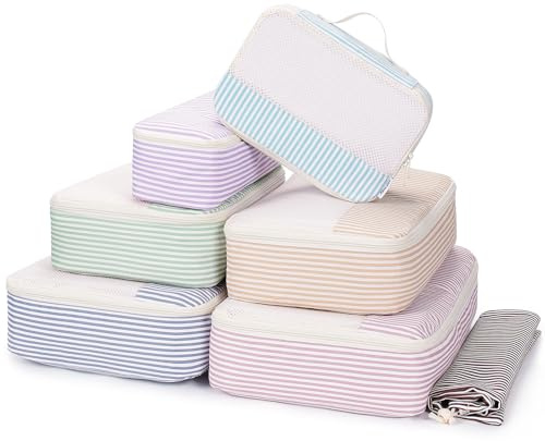 Narwey Organizer Valigia 7 Pezzi Set Packing Cubes, Organizer Valigia Viaggio Salvaspazio, Viaggio Accessori Utili per Vestiti Scarpe Deposito Classificato per Viaggiare (Strisce Multicolori)