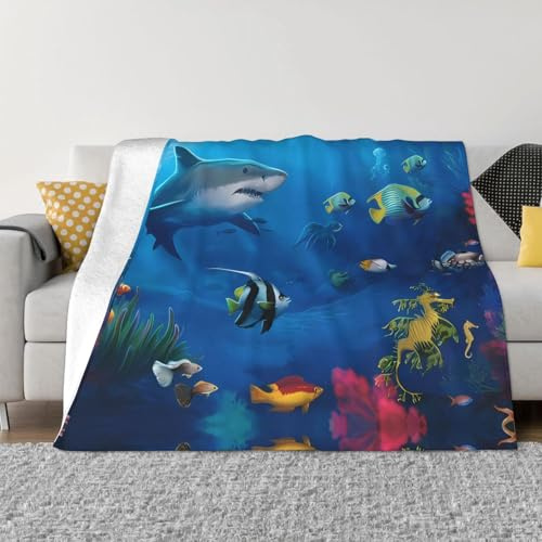 PHAYAH Coperta in morbido pile con motivo pesce bianco, 203 x 152 cm, per tutte le stagioni, per biancheria da letto, divano e trave