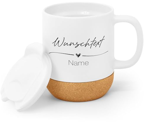 GRAVURZEILE Bedruckte Tasse - Wunschtext V1 - Personalisiert mit Name & Text - Inklusive Korksockel & Deckel - Geschenk für Freunde & Familie - 330 ml - Spülmaschinenfest & Mikrowellensicher