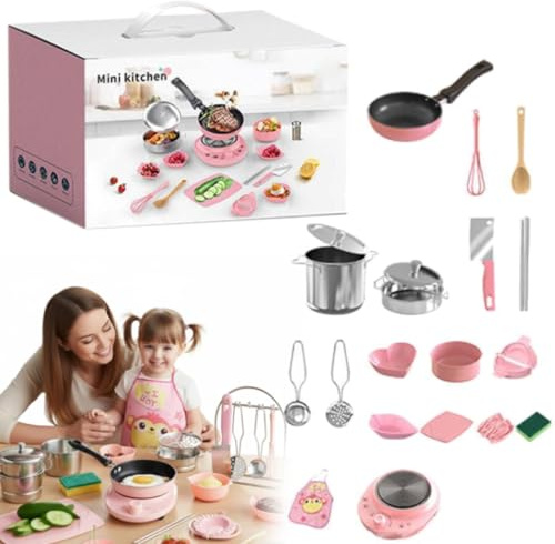 Kid Cooking Sets Real Mini Kitchen, 22Pcs Toy Kitchen Accessories, Real Cooking Kids Pots and Pans Playset, Children's RealCooking Mini Kitchens Toys for Beginner Cookin-g Educational Toys Gift