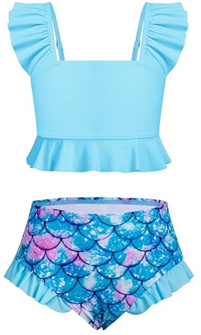 XiaoMoSha Baddräkt flickor bikini set tvådelad baddräkt med justerbara remmar baddräkt badkläder för barn 3-12 år, Blå sjöjungfru, 7-8 År