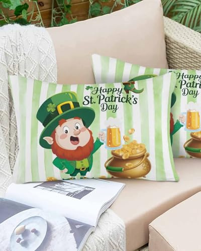 Outdoor Throw Pillow Waterproof Pillows, St. Patrick's Day Beer Funny Dwarf Decorative Pillow Covers with Insert,Patio Pillows Pillowcase Pack of 2, Gold Green Stripes Cushion Cases for Sofa Couch