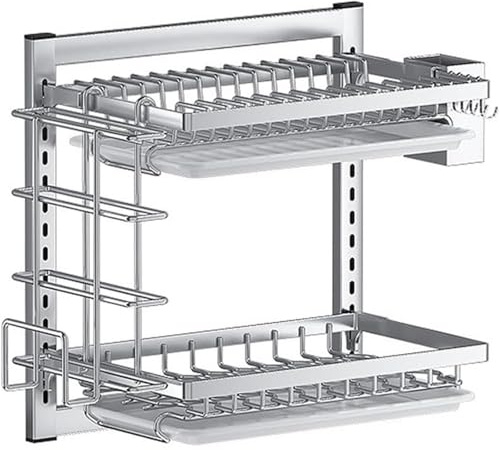 Generico Scolapiatti da Parete con Vassoio antigoccia Rimovibile in Acciaio Inox,Design Pieghevole e portabicchieri per Cucina(Size:2 Layer)