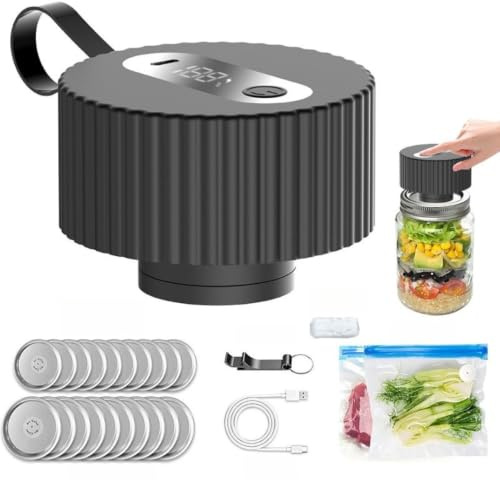 Electric Mason Jar Vacuum Sealer Kit with Air Valve Lids, Rechargeable Automatic Sealer for Wide & Regular Mouth Jars, Food Saver with Digital Display, 20 Lids, 1800mAh Battery, Type-C