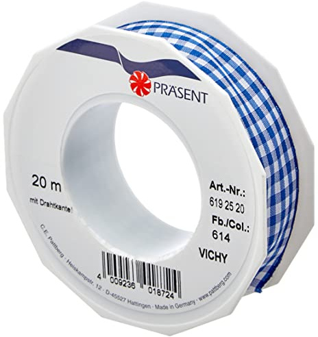 PRÄSENT Vichy Geschenkband mit Drahtkante Royalblau/weiß, 20 m Dekoband zum Verzieren & Basteln, 25 mm Breite, Kariertes Band für Bunte Dekos & Geschenkverpackungen, zu feierlichen Anlässen