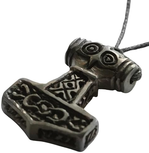Thor Hammer Halskette Herren Damen – handgeschnitzter Mjölnir Anhänger schwarz aus Horn mit keltischem Knotenmuster – Wikinger Schmuck nordische Mythologie – verstellbares Baumwollband 40–70 cm