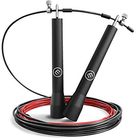 Hopprep Speed Rope + Träning e-Bok + Extra Kabel | Supertunn och lätt Justerbar Jumping Crossrope - Double Unders | Hemmagym Fitness Jump Sport Träna Boxning Gympa MMA RPM, Man Kvinna Barn