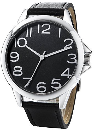 NUOVO Men’s Watches Black Leather Strap Quartz Analogue Wrist Watch Arabic Number Classic Water Resistant Easy to Read