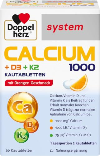 Doppelherz system CALCIUM 1000 + D3 + K2 - Praktische Kautabletten | Calcium als Beitrag für den normalen Knochenerhalt - 60 Kautabletten