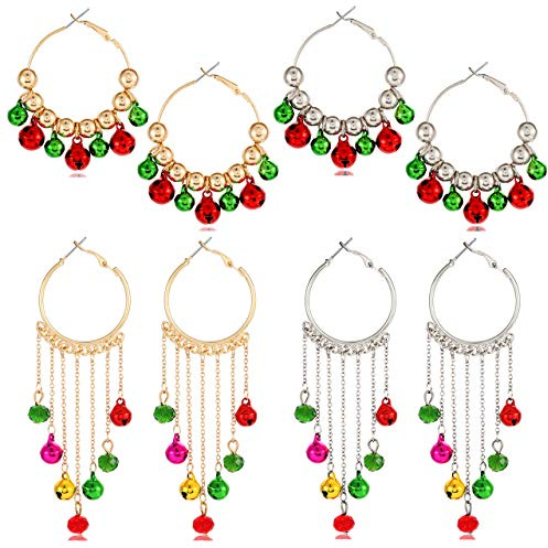 4 Paar Weihnachts-Creolen-Ohrringe, Glöckchen, Quaste, Geschenk, Schmuck, Weihnachten, Urlaub, Party, Gastgeschenke für Frauen und Mädchen
