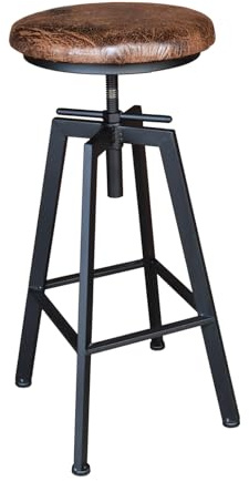 Ablerhome Decor Vintage Industrial Style Bar Stool Adjustable Black Metal Frame Aged Effect Faux Leather Brown Cushion Seat NEW (Bar Stool)
