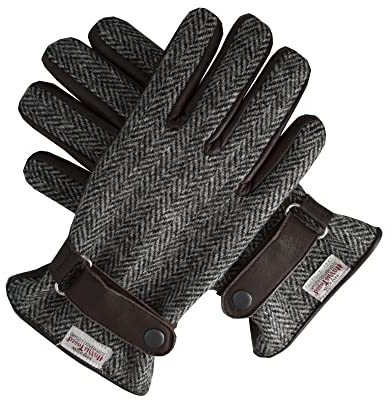 Walker & Hawkes - Herren Handschuhe - aus schottischem Harris-Tweed & Leder - Overcheck-Tartanmuster - Stahlgrau - S