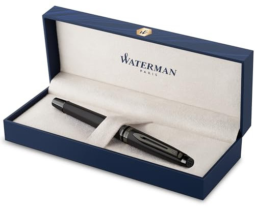 Waterman Expert Rollerball | Schwarze Metallic-Lackierung mit Ruthenium-Zierteilen | Feine Spitze | Schwarze Tinte | In Geschenkbox