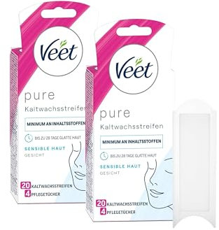 Veet Kaltwachsstreifen mit Easy-Gelwax Technology – Für das Gesicht – Geeignet für sensible Haut – Bis zu 28 Tage glatte Haut – 2 x 20 Doppelstreifen