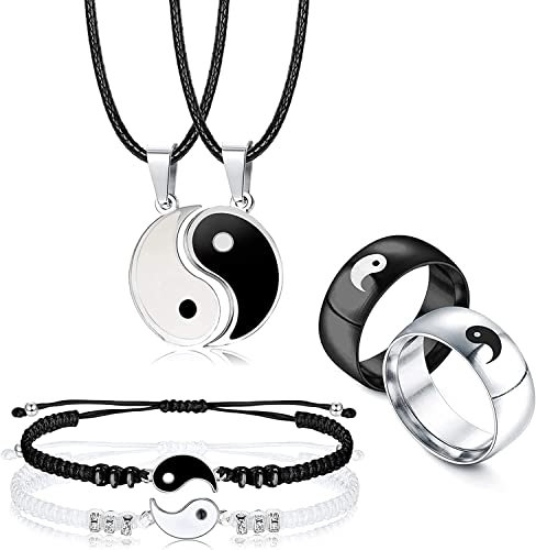 LOLIAS 6 Stück Passende Yin Yang Halskette Armbänder Ringe Set Paar Halskette Armband Ringe für Sie und Ihn Passende Yin Yang Halskette Freund Freundin Freundschaft Valentinstag Schmuck Geschenk