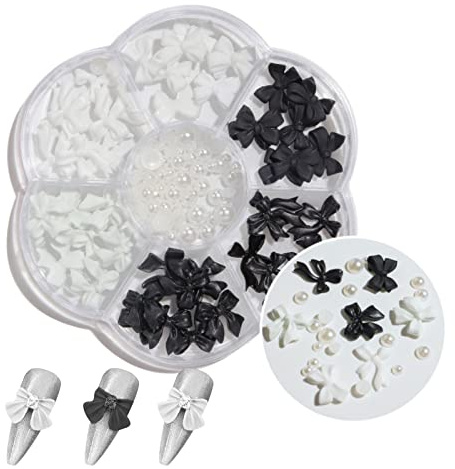 Nail Art Charms, 3D Nail Jewels Black White Bow Shape Pearl Nail Art Decoration Nail Accessories for Women Girls (Black&White Bow)