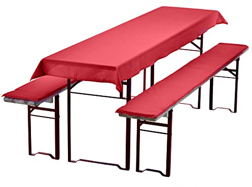 DILUMA Auflagenset für Bierzeltgarnitur Uni Biertischdecke 240 x 70 cm (für 220 x 50 cm Biertische) + 2 gepolsterte Bierbankauflagen 220 x 25 cm, Farbe:Rot