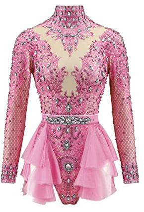 YUANTONG Glänsande strass-body för kvinnor, långärmad, drag-queen-outfit, sexiga kostymer, dans, ros, en storlek, ROSA, one size