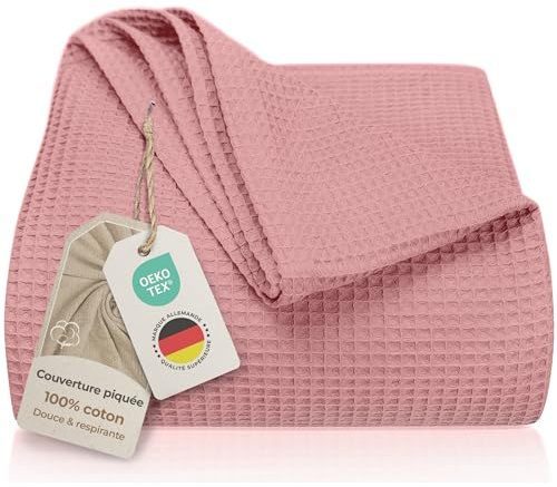 LAYNENBURG Premium Tagesdecke 220 x 240 cm XXL - Waffelpique 100% Baumwolle - leichte Wohndecke Waffeloptik - Baumwolldecke Bett-Überwurf, Sofa-Überwurf, Couch-Überwurf - Sofa-Decke (Altrosa)