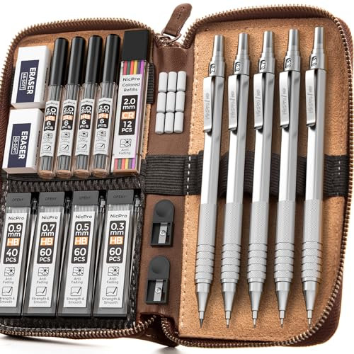 Nicpro 20PCS Metal Mechanical Pencil Set in Leather Case, Art Drafting Pencil 0.3, 0.5, 0.7, 0.9 mm & 2mm Lead Holders, 9 Tube (4B 2B HB 2H Colors) Lead Refills, Erasers For Sketching Drawing