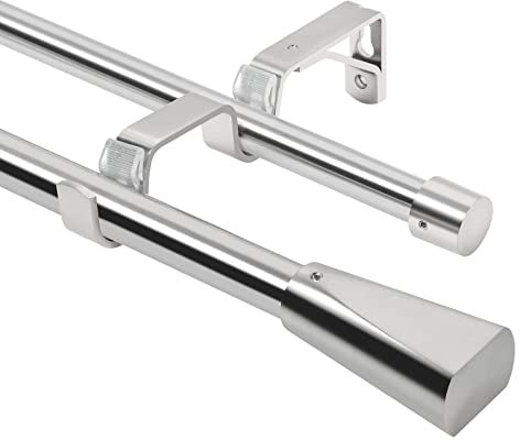 Eson Casa Doppelte Gardinenstange, 210-300 cm, ausziehbar, Φ 16/19 mm, Gardinenstangen-Set mit dekorativen Endstücken für Ösenvorhänge, verstellbare Fensterstange für Wohnzimmer, Nickel Gebürstet