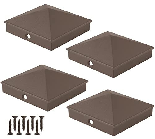 MOLIGOU 4 tapas de aluminio para postes de pirámide, tapas de poste de valla para postes de madera reales de 3.5 x 3.5 pulgadas (nominal de 4 x 4 pulgadas), tapas de postes de cubierta (marrón)