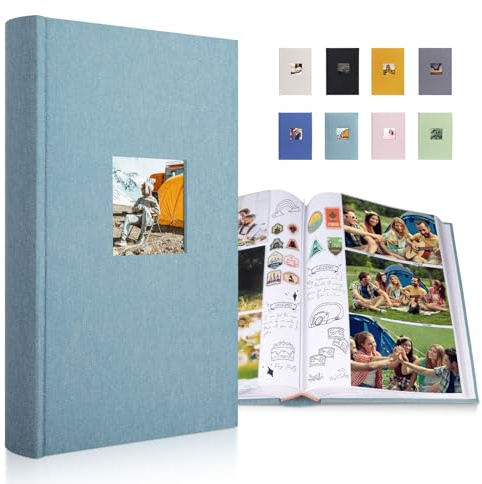 1DOT2 Luxury Fabric Photo Album 4x6 With Writing Space Acid Free Pockets Holds 300 Photos with Memo, 3 Per Pages Photobook Album for Wedding Vacation Family Cyan Blue