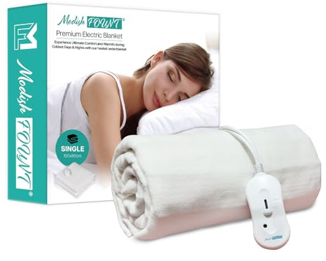 Modish FOUNT Electric Blanket - Heated Underblanket with 3 Heat Settings via Controller, Overheat Protection - Washable Polyester Heating Blanket - Includes Elastic Straps for Bed -Single