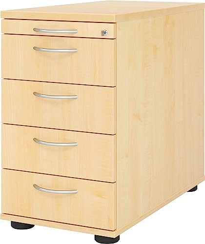bümö Schreibtisch Schrank abschließbar, Schubladenschrank Holz in Ahorn, Container mit Schubladen - Schubladen Schrank Büro, Schreibtisch Container od. Schreibtisch Kommode mit Bogengriffe