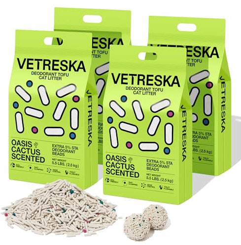 VETRESKA Tofu Cat Litter, Natural Strong Clumping Flushable Litter Pellets, Ultra Water Absorbent Deodorant Tofu Litter, Dust-Free Low Tracking Cat Litter, Cactus(5.5lb×4bags)